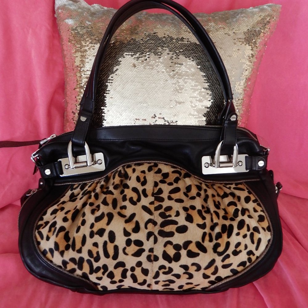 MINT B.MAKOWSKY CALF HAIR COWHIDE LEOPARD ANIMAL PRINT HANDBAG